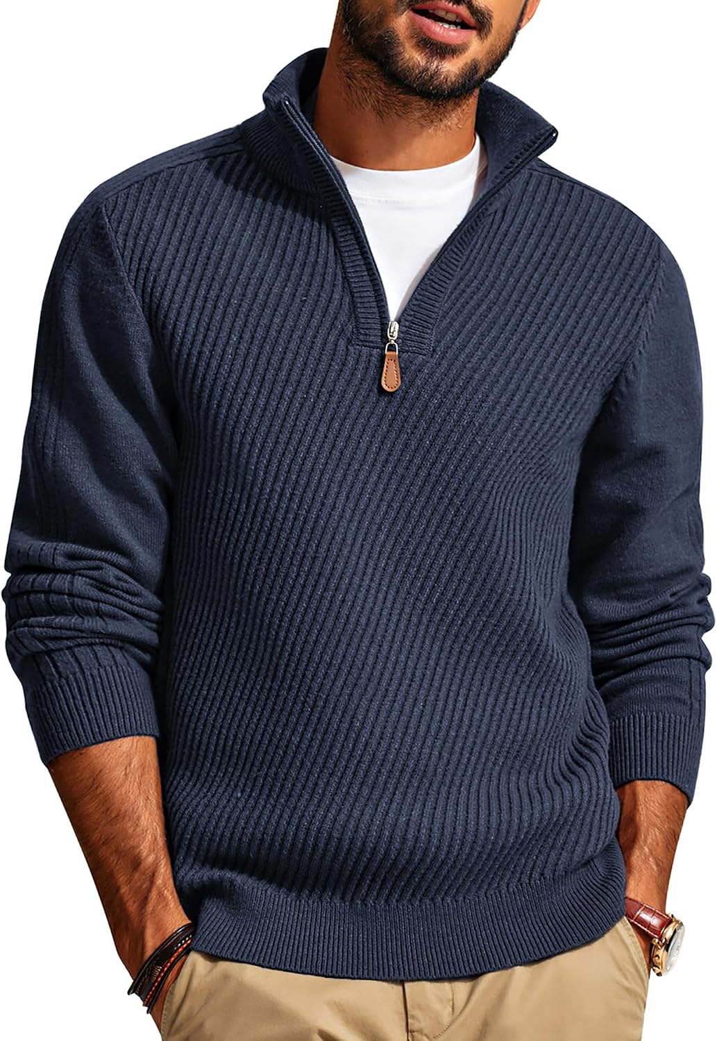 Men's Textured Knit Half Zip Pullover - Mock Neck Slim Fit Lightweight Sweater for Office, Church and Travel - Small