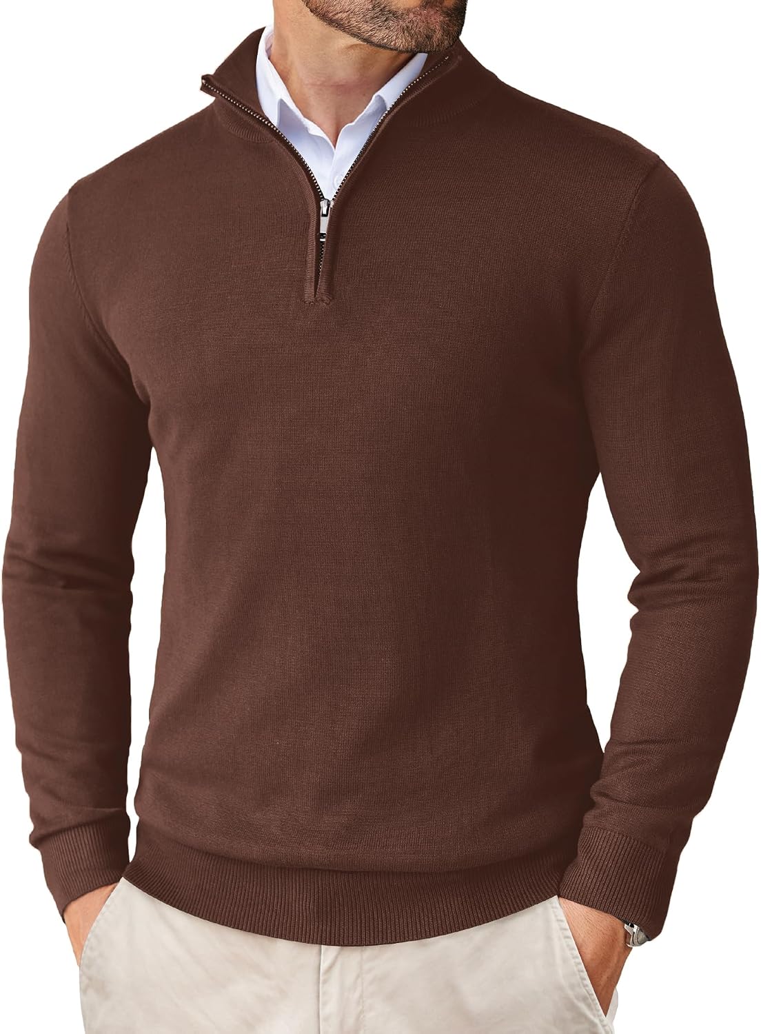 Men's Lightweight Knit Quarter Zip Pullover - Slim Fit Mock Neck with Metal Zipper Pull for Fall Office Days - Small (13