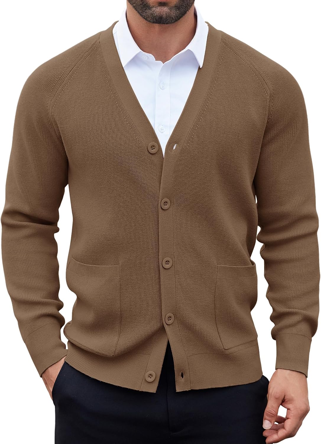 Men's Lightweight V Neck Button Cardigan - Long Sleeve Knit with Front Pockets for Weekends and Office Days - Black