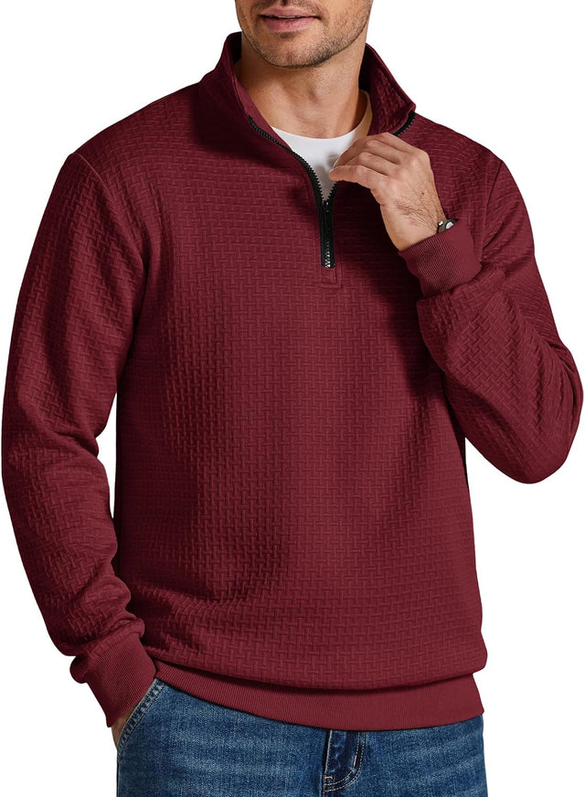 Men's Grid Textured Quarter Zip Sweatshirt in Maroon