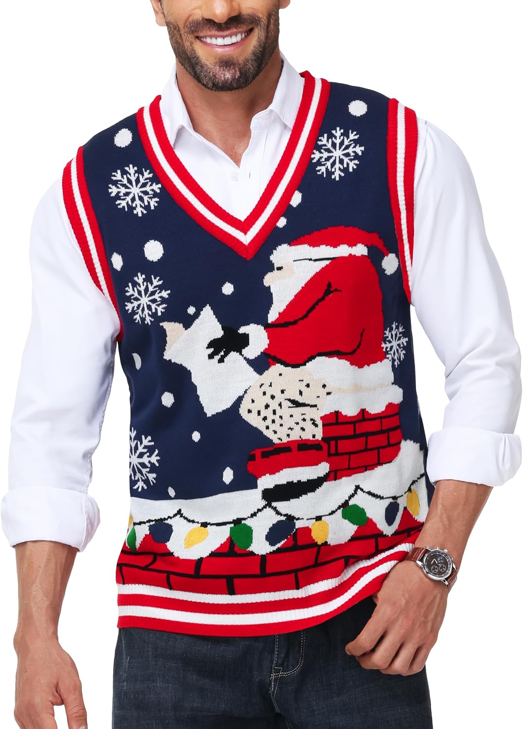 Men's Christmas Sweater Vest - V Neck Sleeveless Holiday Knit for Ugly Sweater Parties and Winter Layering - Small