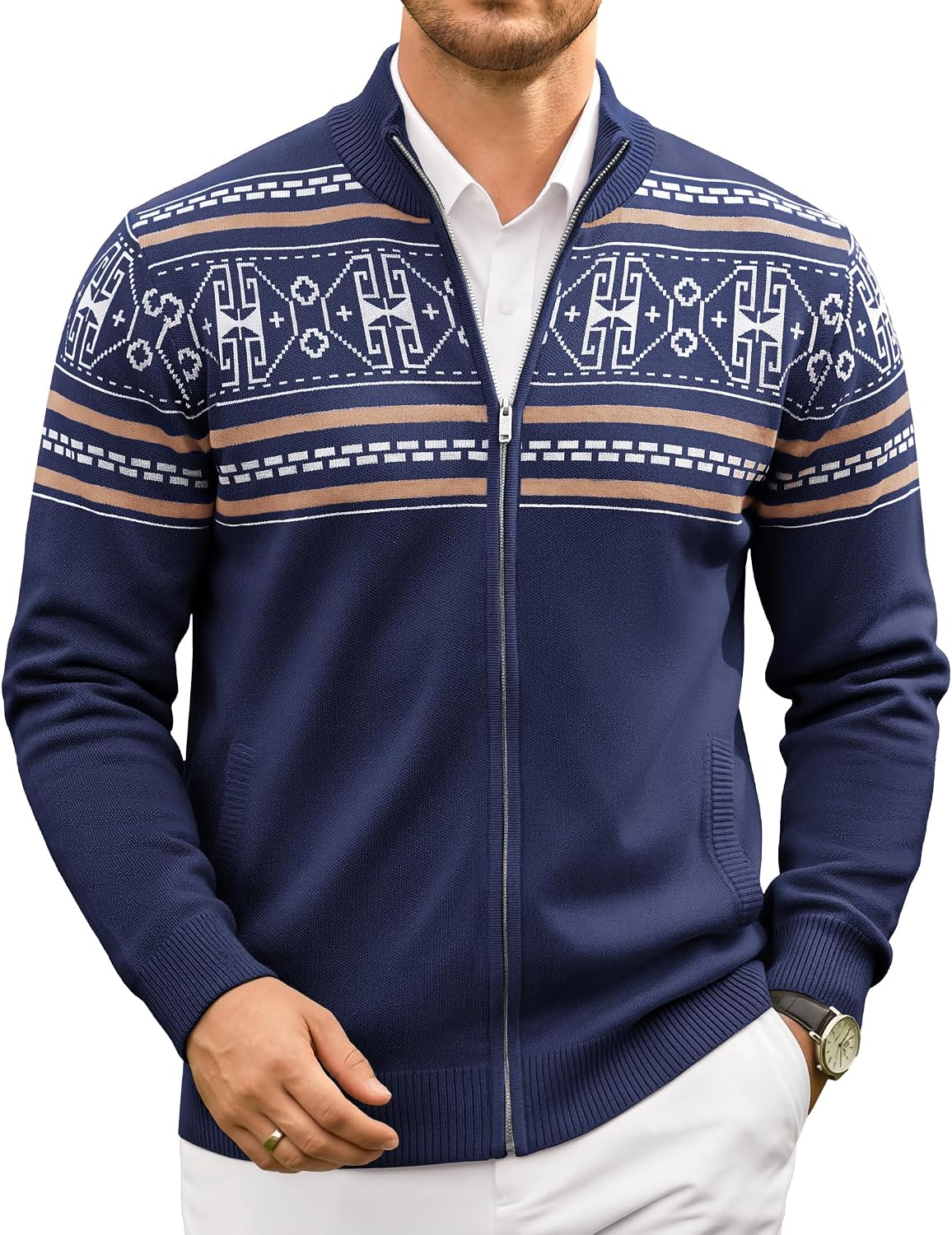 Men's Fair Isle Full Zip Cardigan - Mock Neck Knitwear with Two Slant Pockets and Relaxed Fit for Winter - Medium