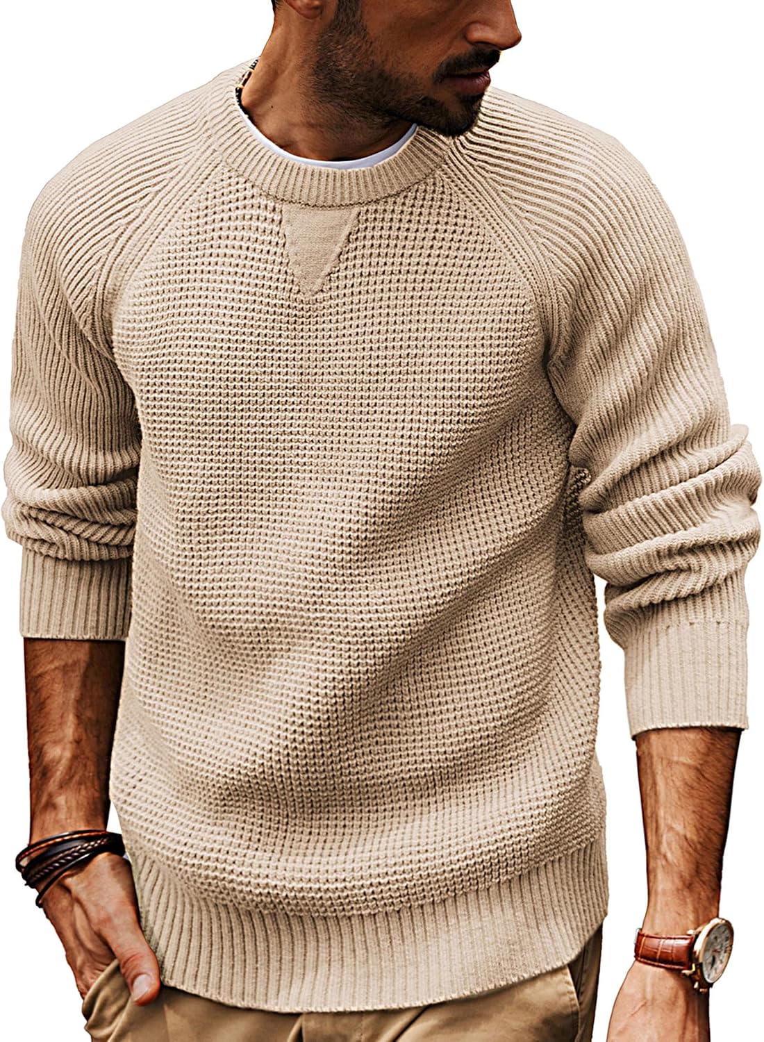Men's Waffle Knit Crewneck Pullover - Loose Fit Raglan Sleeve Stretch Sweater for Daily and Holiday Wear - Small
