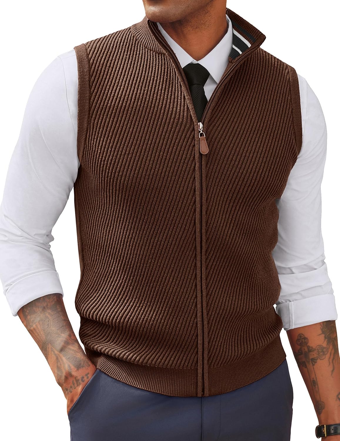 Men's Full Zip Sweater Vest - Mock Neck Twill Knit Sleeveless Layer in a Regular Fit for Fall and Winter - Small
