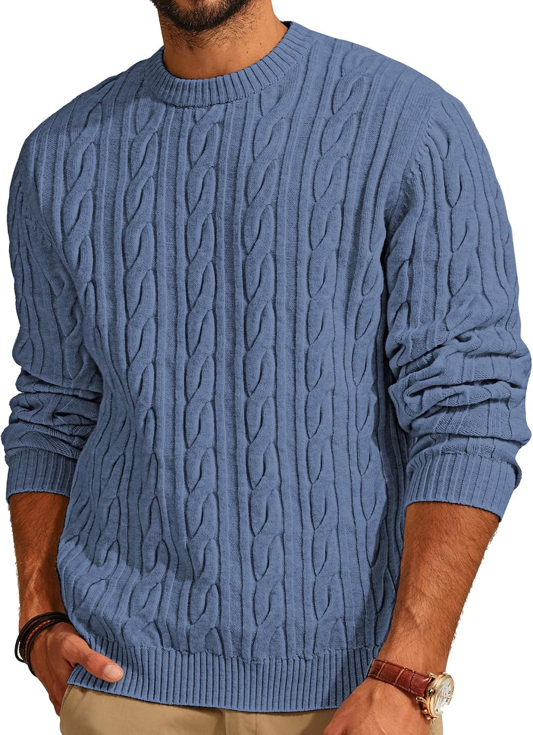 Men's Cable Knit Crewneck Sweater - Twist Textured Regular Fit Pullover in Solid Color for Business Casual Days - Medium