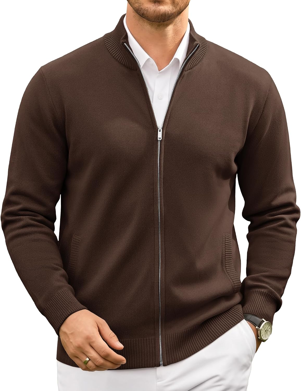 Men's Fair Isle Full Zip Cardigan - Mock Neck Knitwear with Two Slant Pockets and Relaxed Fit for Winter - Small