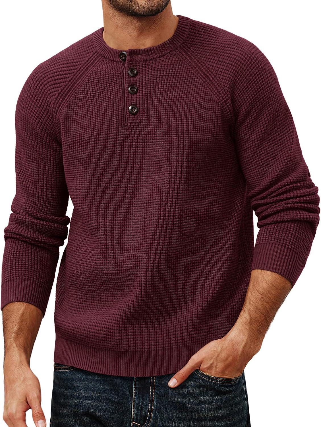 Men's Waffle Knit Henley Sweater in Burgundy
