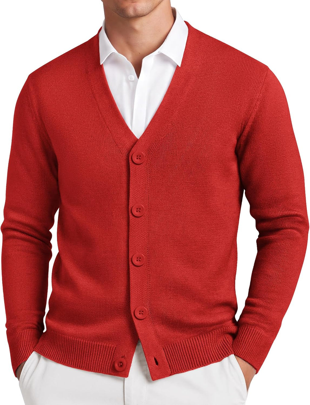 Men's Lightweight V Neck Knit Cardigan - Button Down with Ribbed Hem and Stretch for Dress and Office Wear - Medium