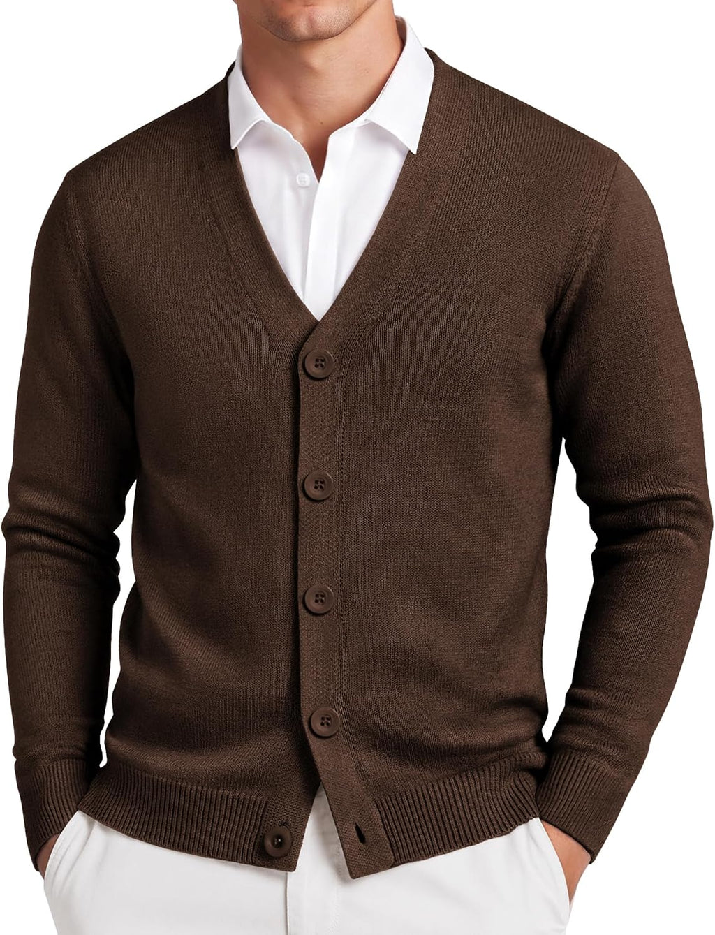 Men's Lightweight V Neck Knit Cardigan - Button Down with Ribbed Hem and Stretch for Dress and Office Wear - Small