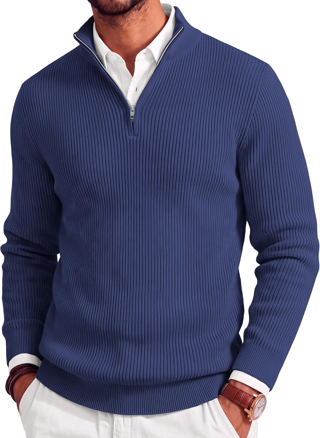 Men's Lightweight Ribbed Knit Quarter Zip Pullover - Slim Fit Mock Neck in Solid Color for Golf and Travel - Small
