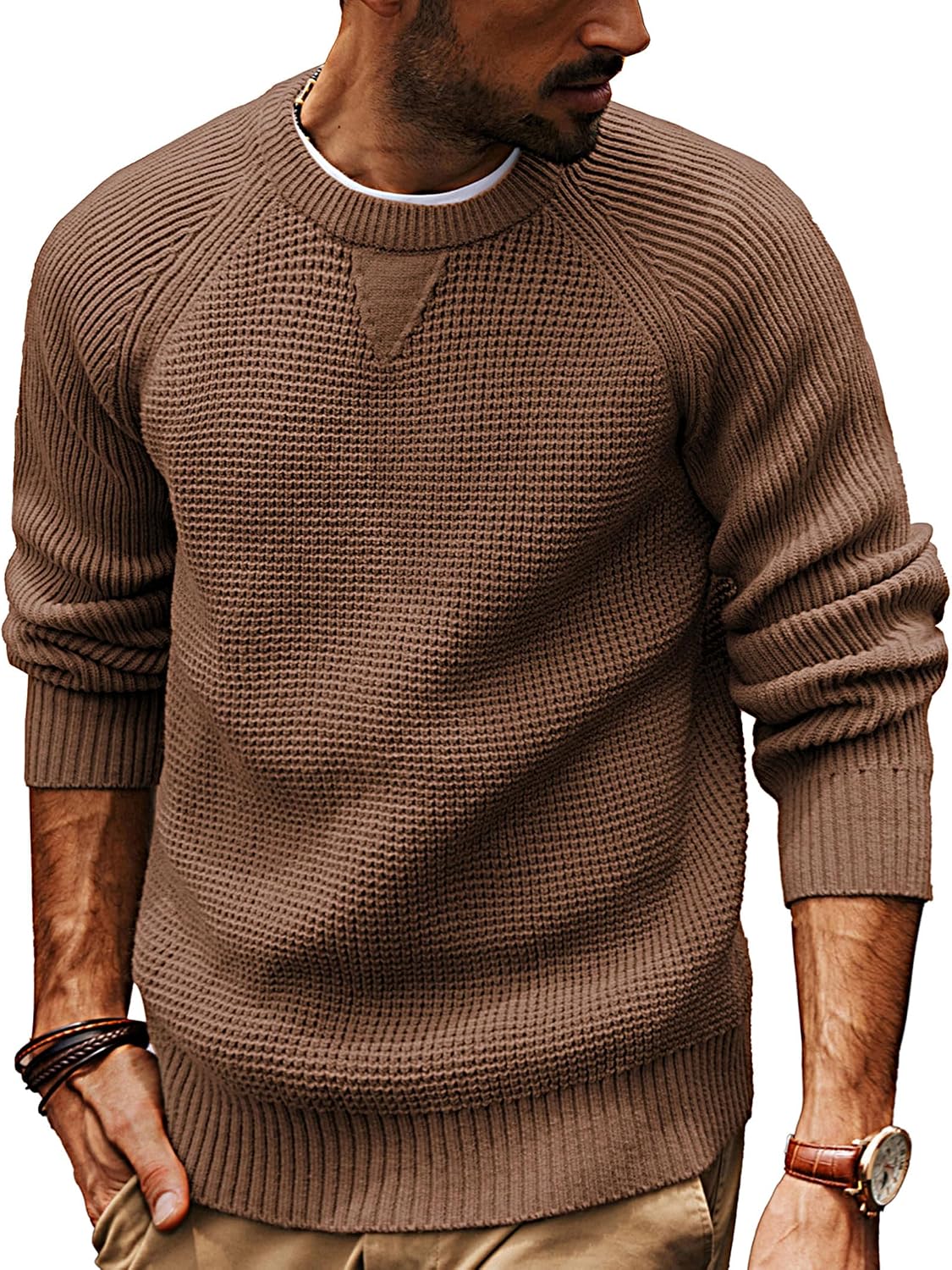 Men's Waffle Knit Crewneck Pullover in Camel