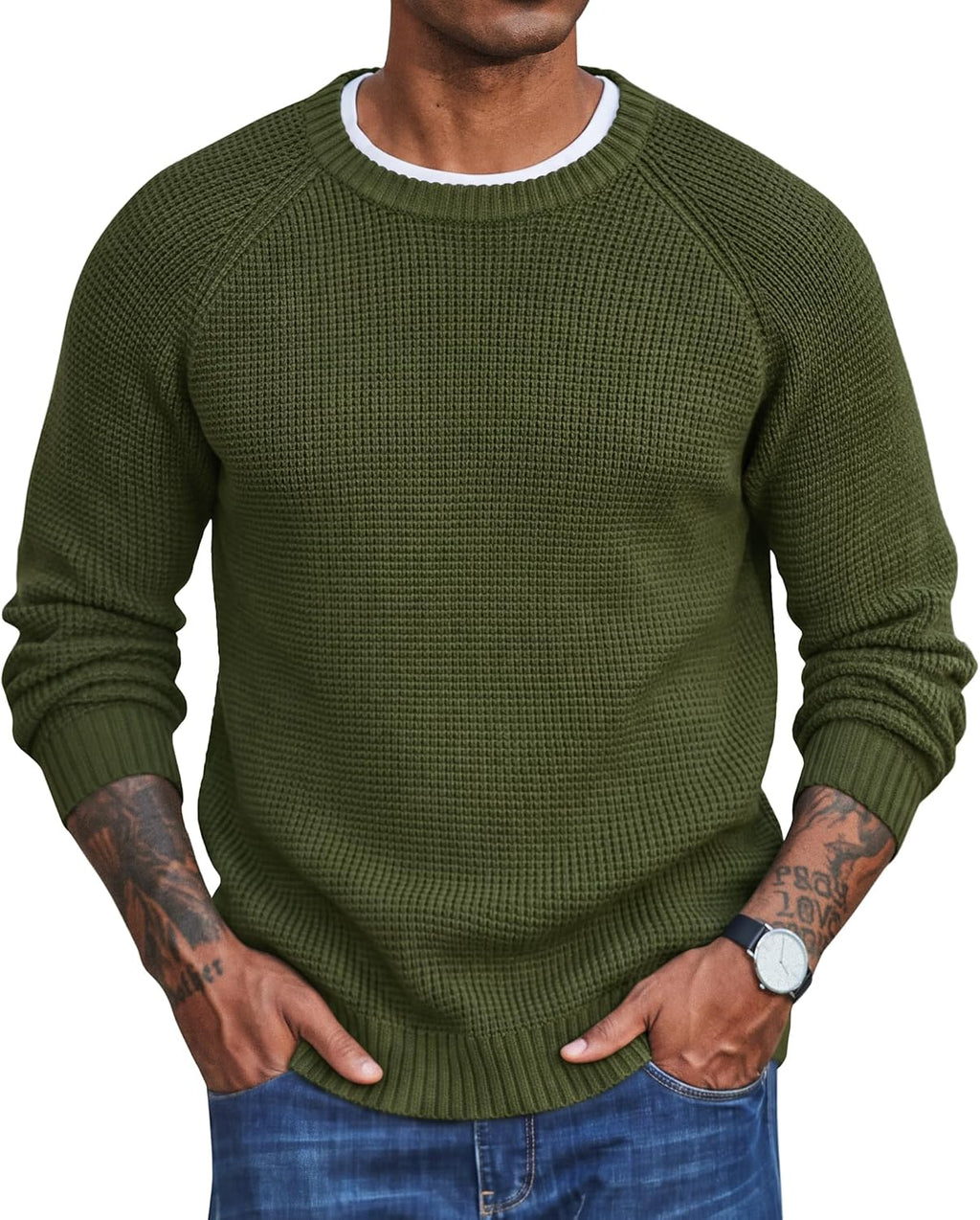 Men's Thick Waffle Knit Crewneck Sweater - Raglan Long Sleeve Stretch Pullover for Cold Weather Layering - Small
