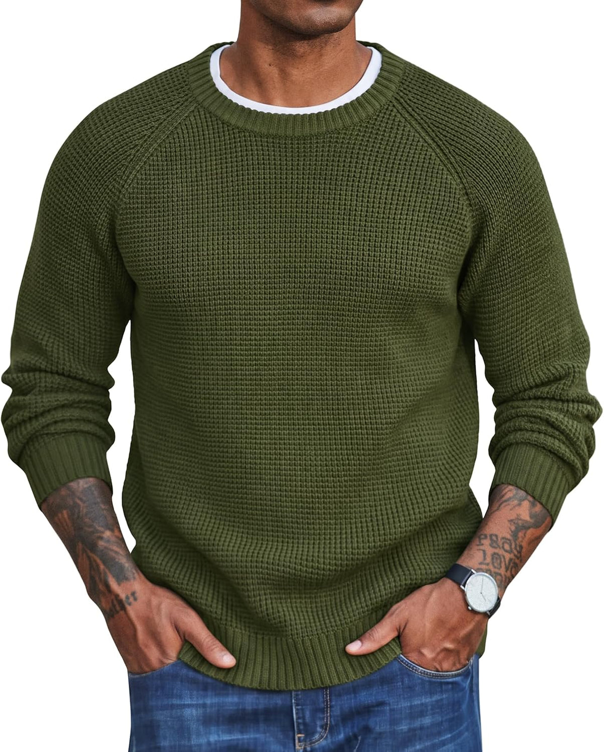 Men's Thick Waffle Knit Crewneck Sweater - Raglan Long Sleeve Stretch Pullover for Cold Weather Layering - Small