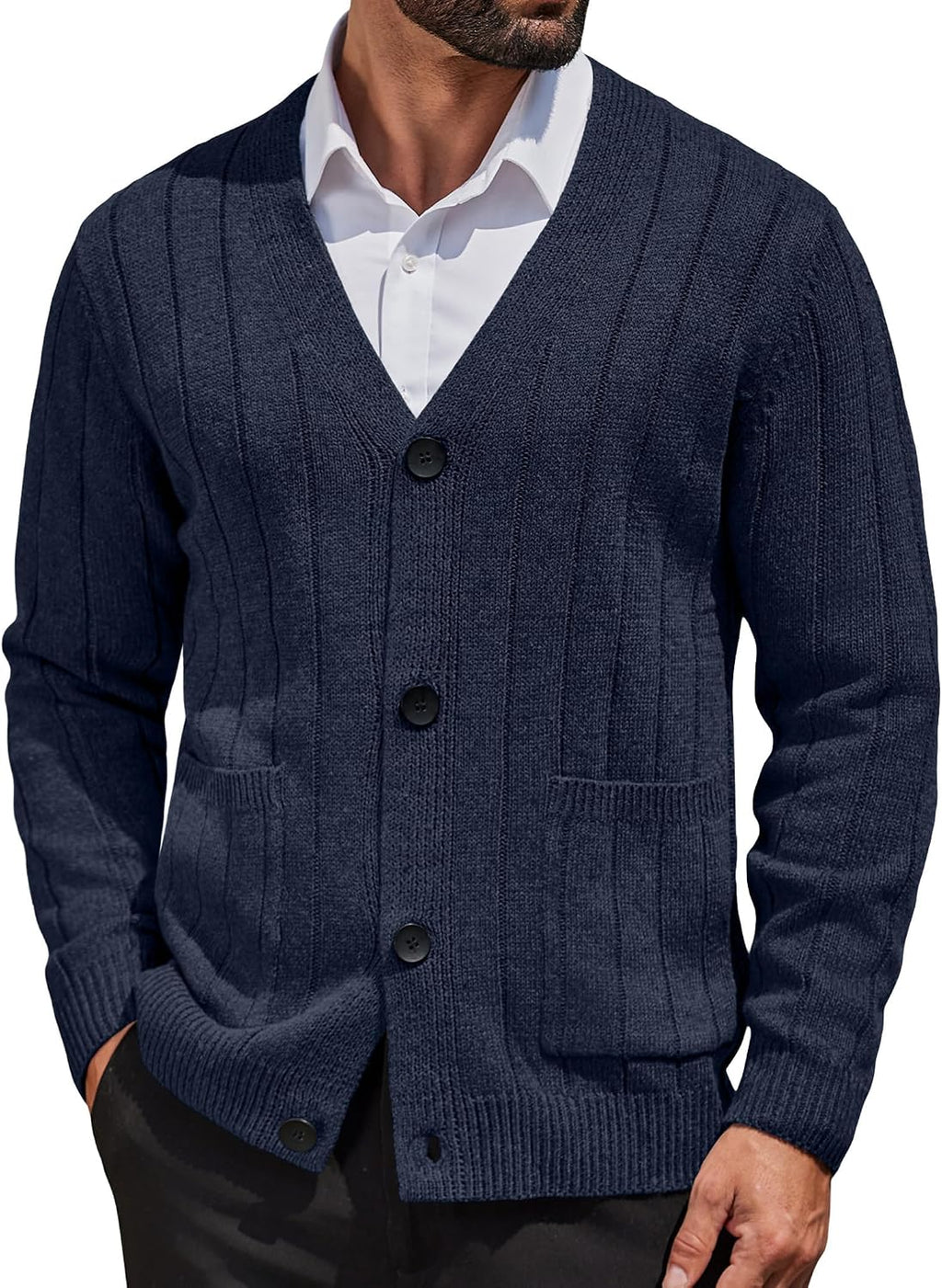 Men's Cable Knit V Neck Cardigan - Button Up Ribbed Sweater with Front Pockets for Everyday Winter Layering - Small