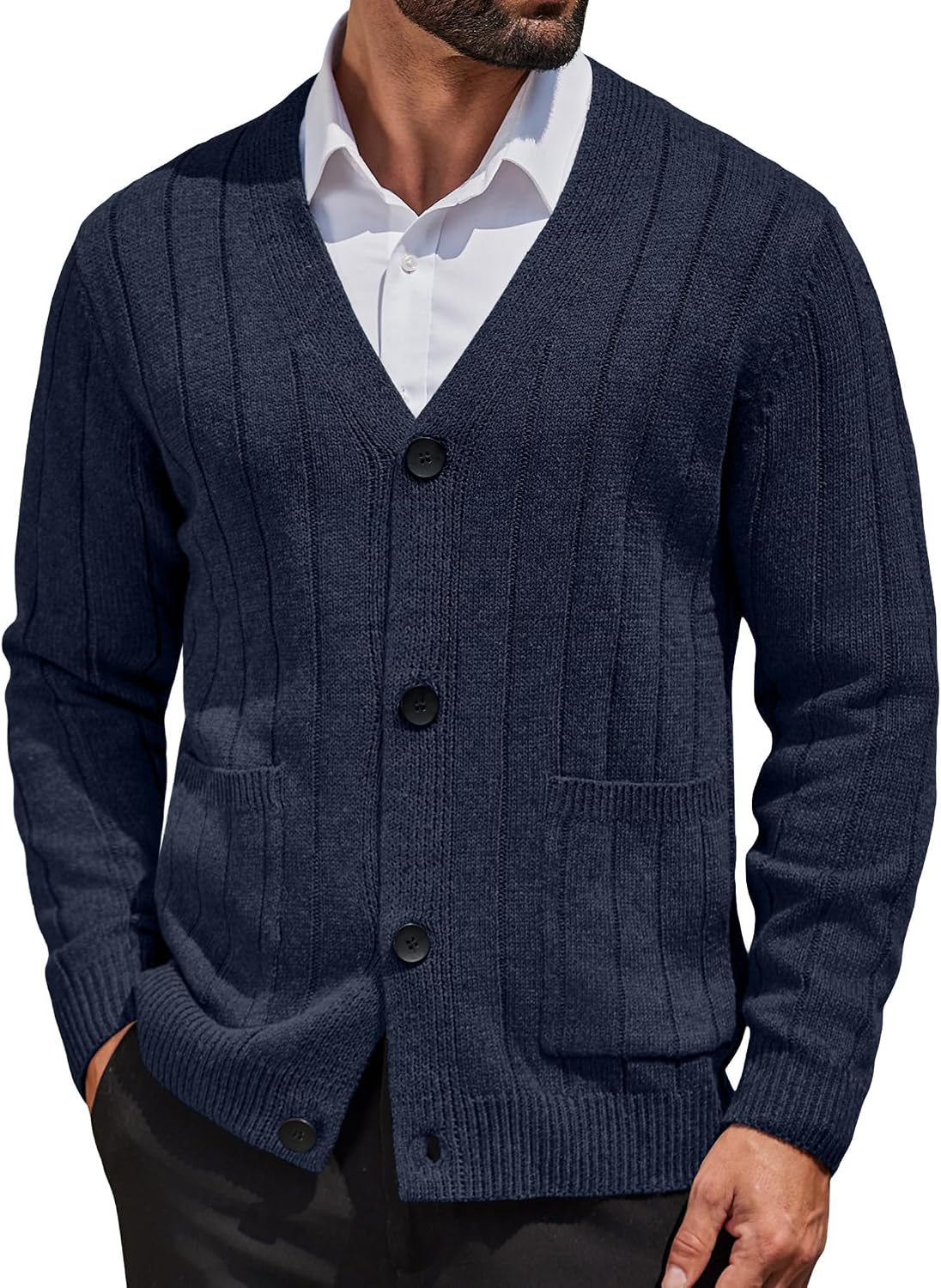 Men's Cable Knit V Neck Cardigan - Button Up Ribbed Sweater with Front Pockets for Everyday Winter Layering - Small