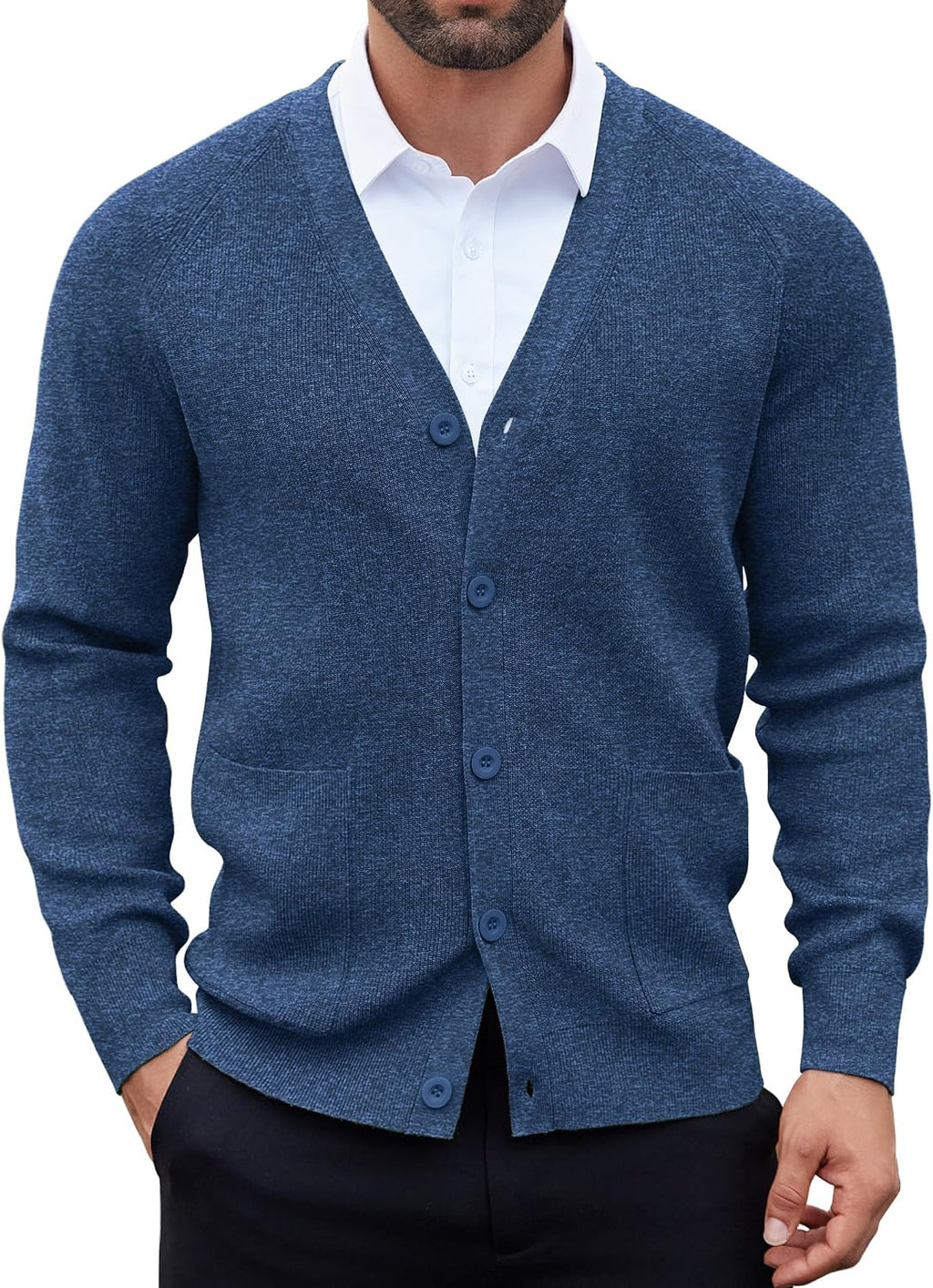 Men's Lightweight V Neck Button Cardigan - Long Sleeve Knit with Front Pockets for Weekends and Office Days - Navy Blue 