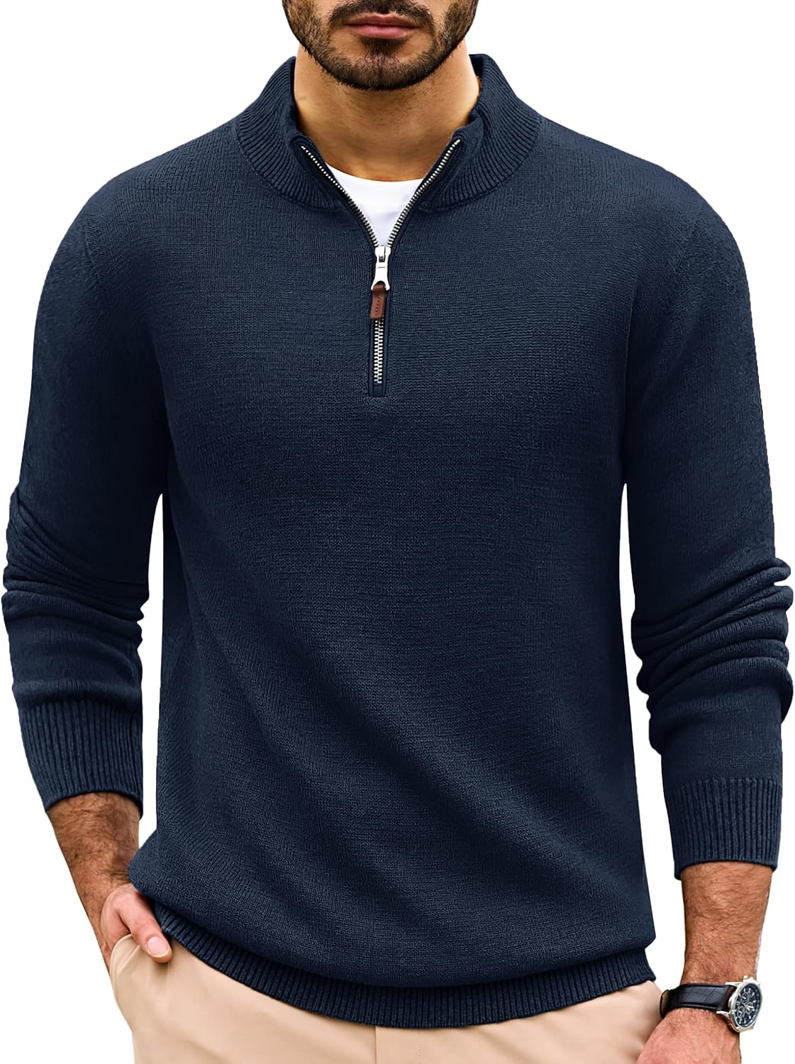 Men's Soft Cotton Quarter Zip Sweater in Navy Blue