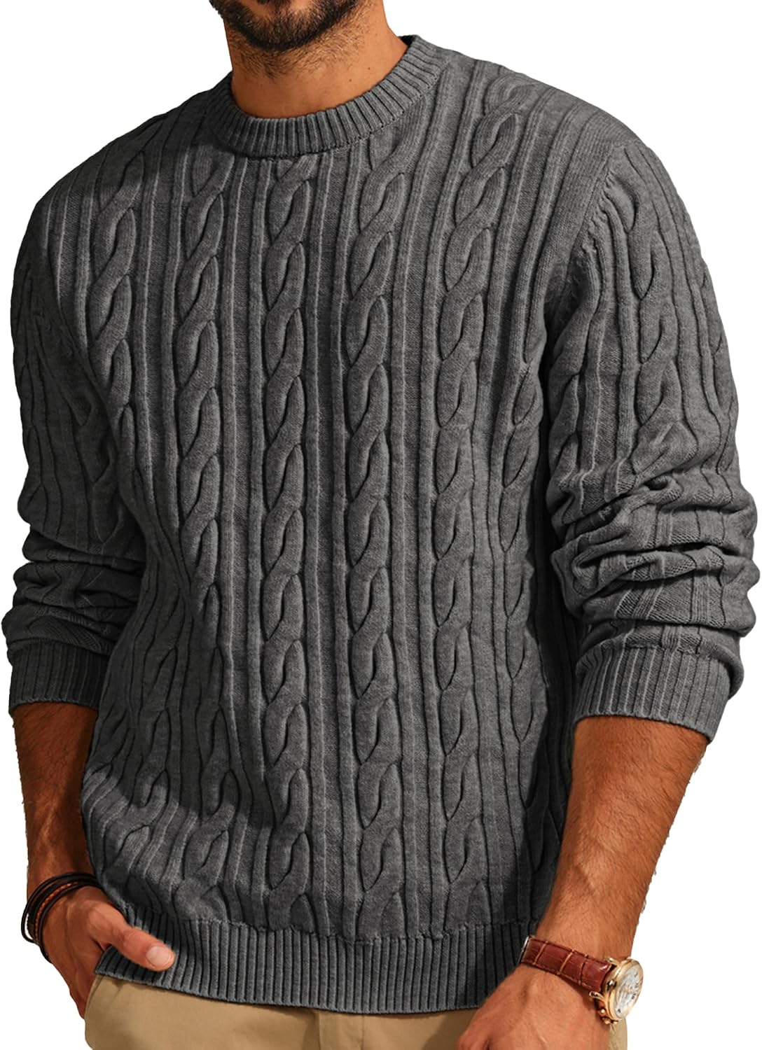 Men's Cable Knit Crewneck Sweater - Twist Textured Regular Fit Pullover in Solid Color for Business Casual Days - Small