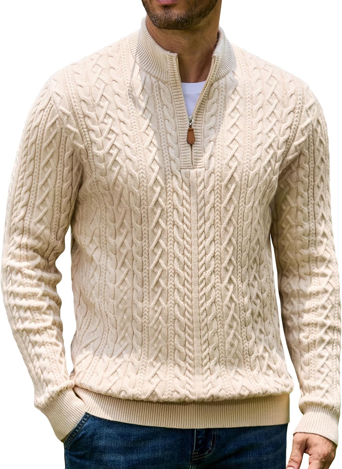 Men's Cable Knit Quarter Zip Sweater - Twist Textured Mock Neck in Heavyweight Stretch Knit for Cold Days - Small