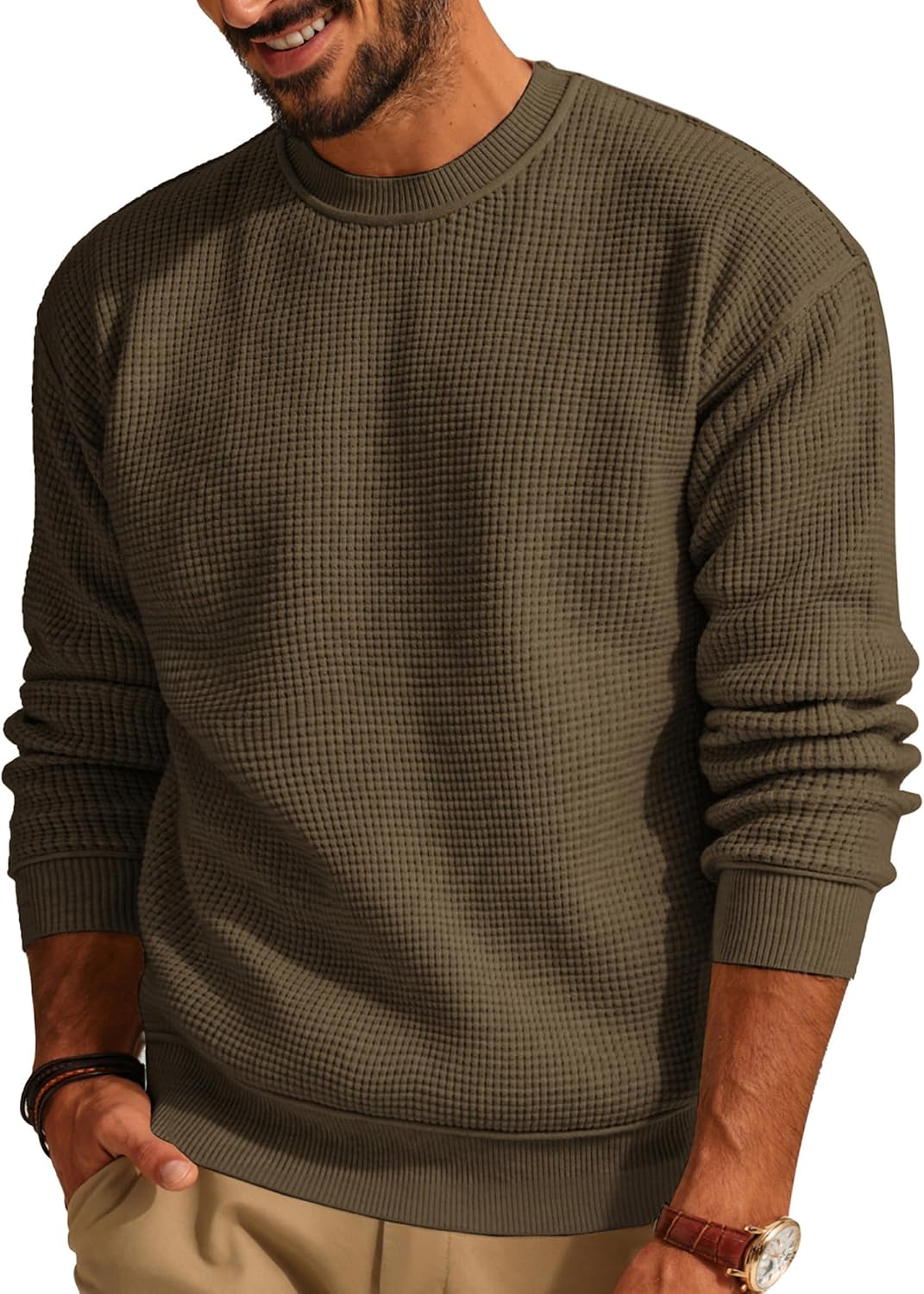 Men's Waffle Knit Crewneck Sweater in Dark Brown