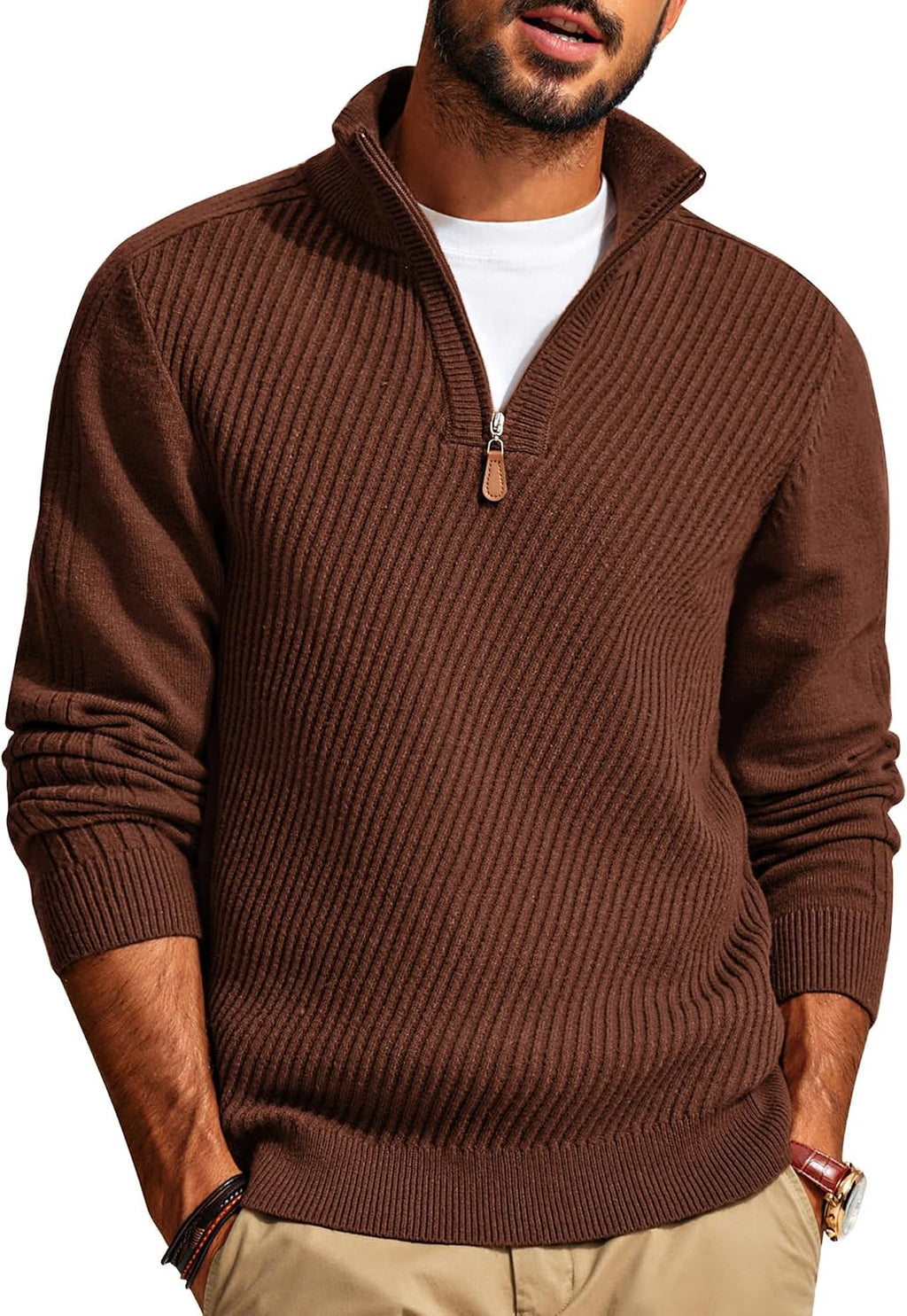 Men's Textured Knit Half Zip Pullover - Mock Neck Slim Fit Lightweight Sweater for Office, Church and Travel - Medium