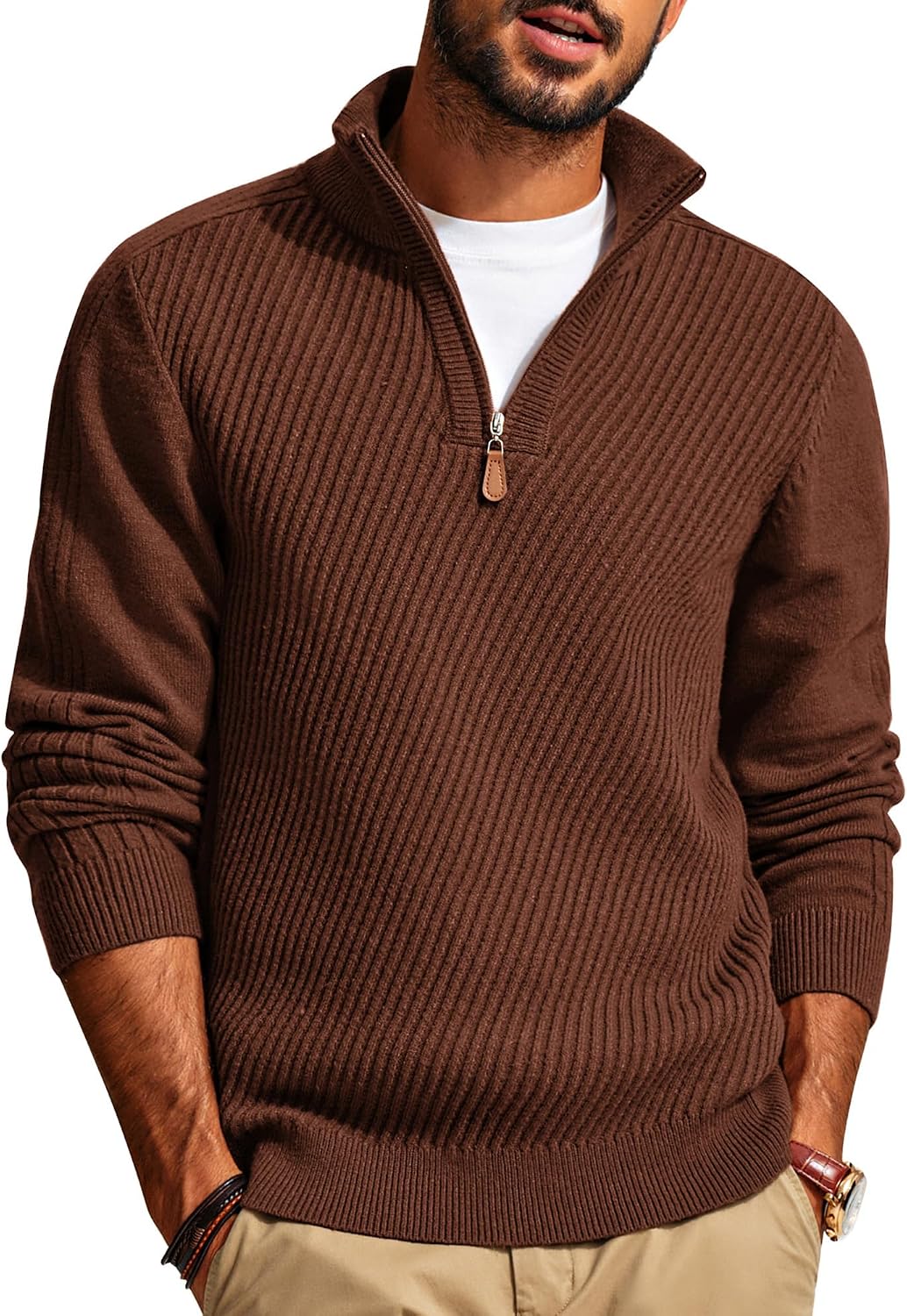 Men's Textured Knit Half Zip Pullover - Mock Neck Slim Fit Lightweight Sweater for Office, Church and Travel - Medium