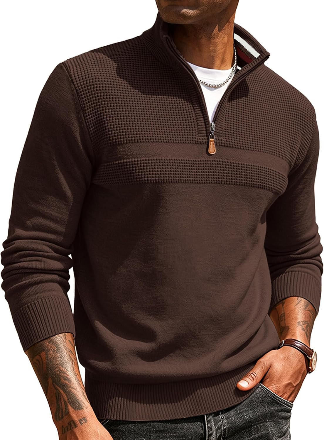 Men's Textured Quarter Zip Polo Sweater in Coffee