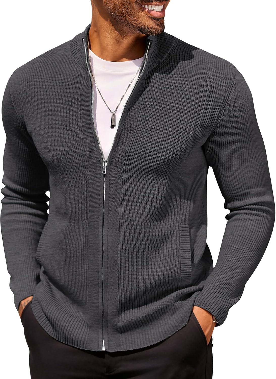 Men's Striped Knit Full Zip Cardigan in Dark Gray