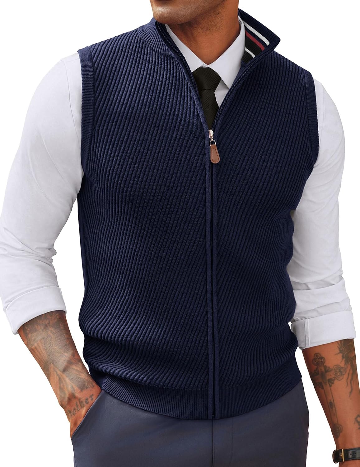 Men's Full Zip Sweater Vest - Mock Neck Twill Knit Sleeveless Layer in a Regular Fit for Fall and Winter - Small