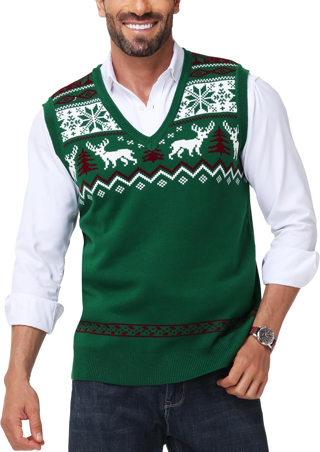 Men's Christmas Sweater Vest - V Neck Sleeveless Holiday Knit for Ugly Sweater Parties and Winter Layering - Small