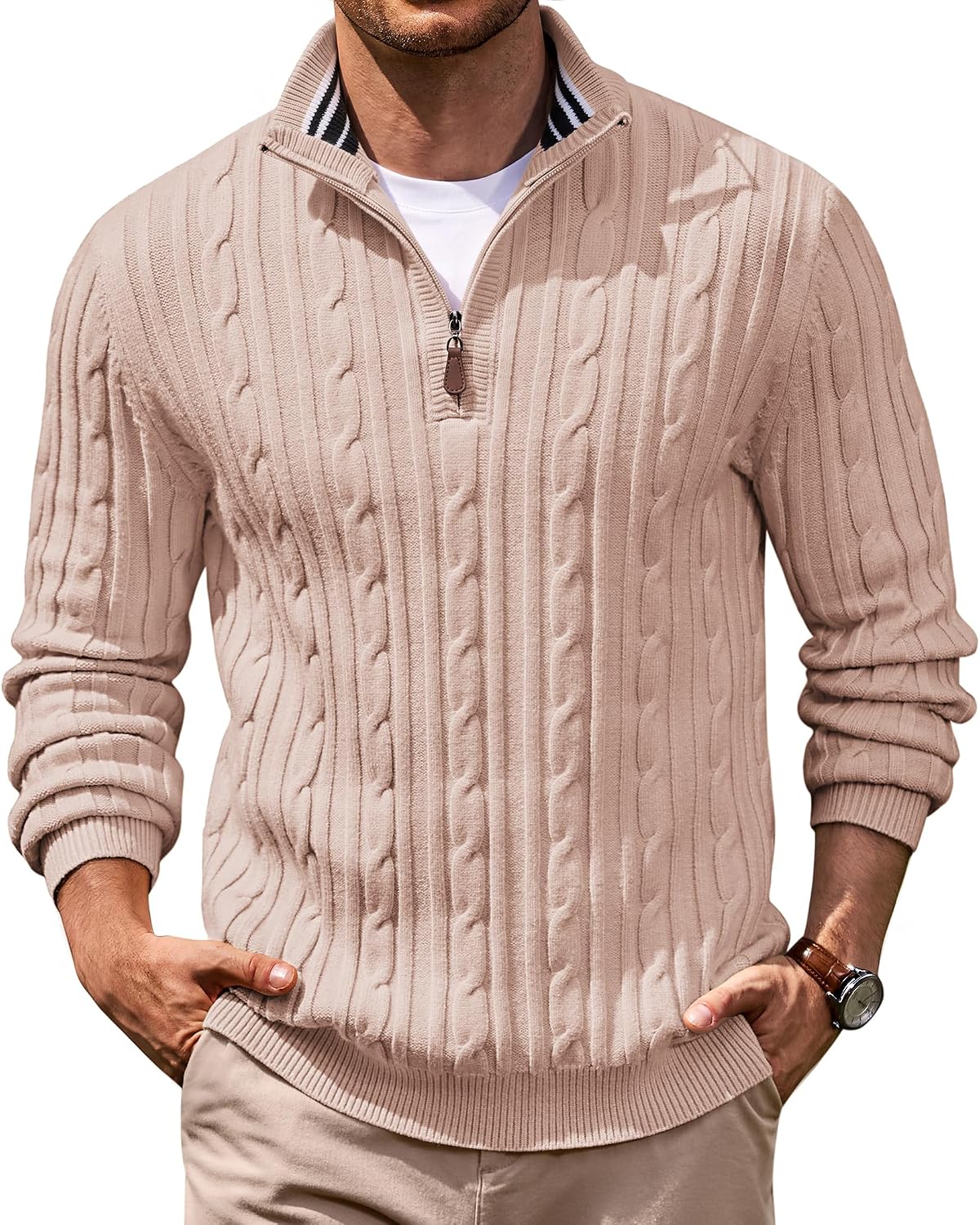 Men's Cable Knit Quarter Zip Sweater - Mock Neck Collar with Textured Cable Panels for Business Layering - Small