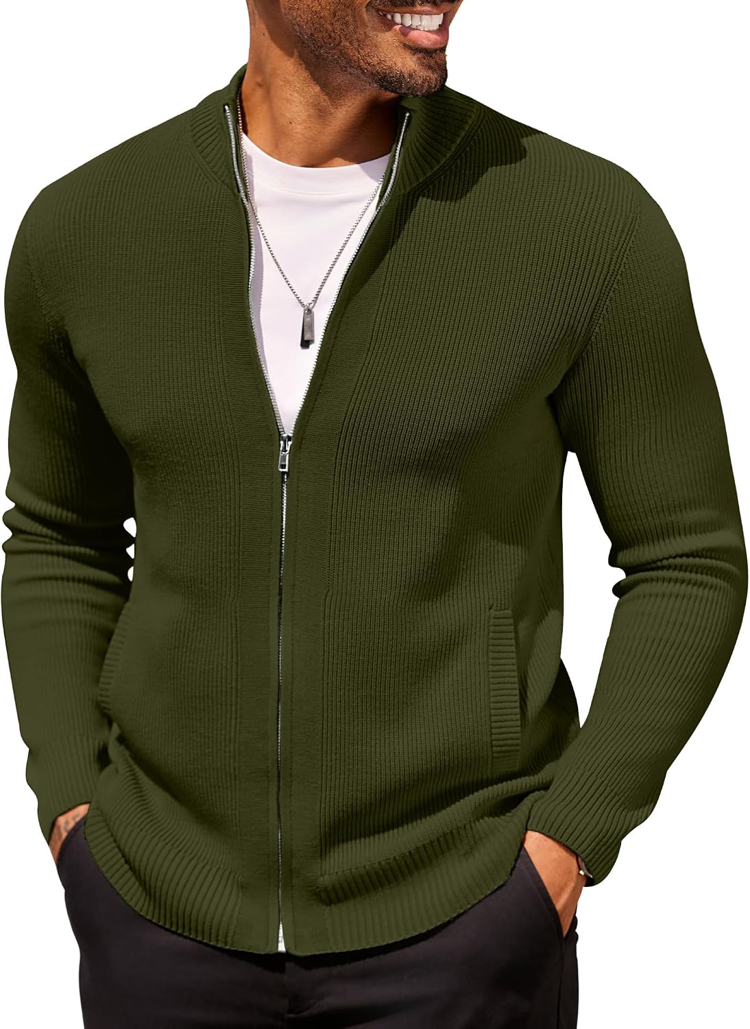 Men's Striped Knit Full Zip Cardigan in Army Green