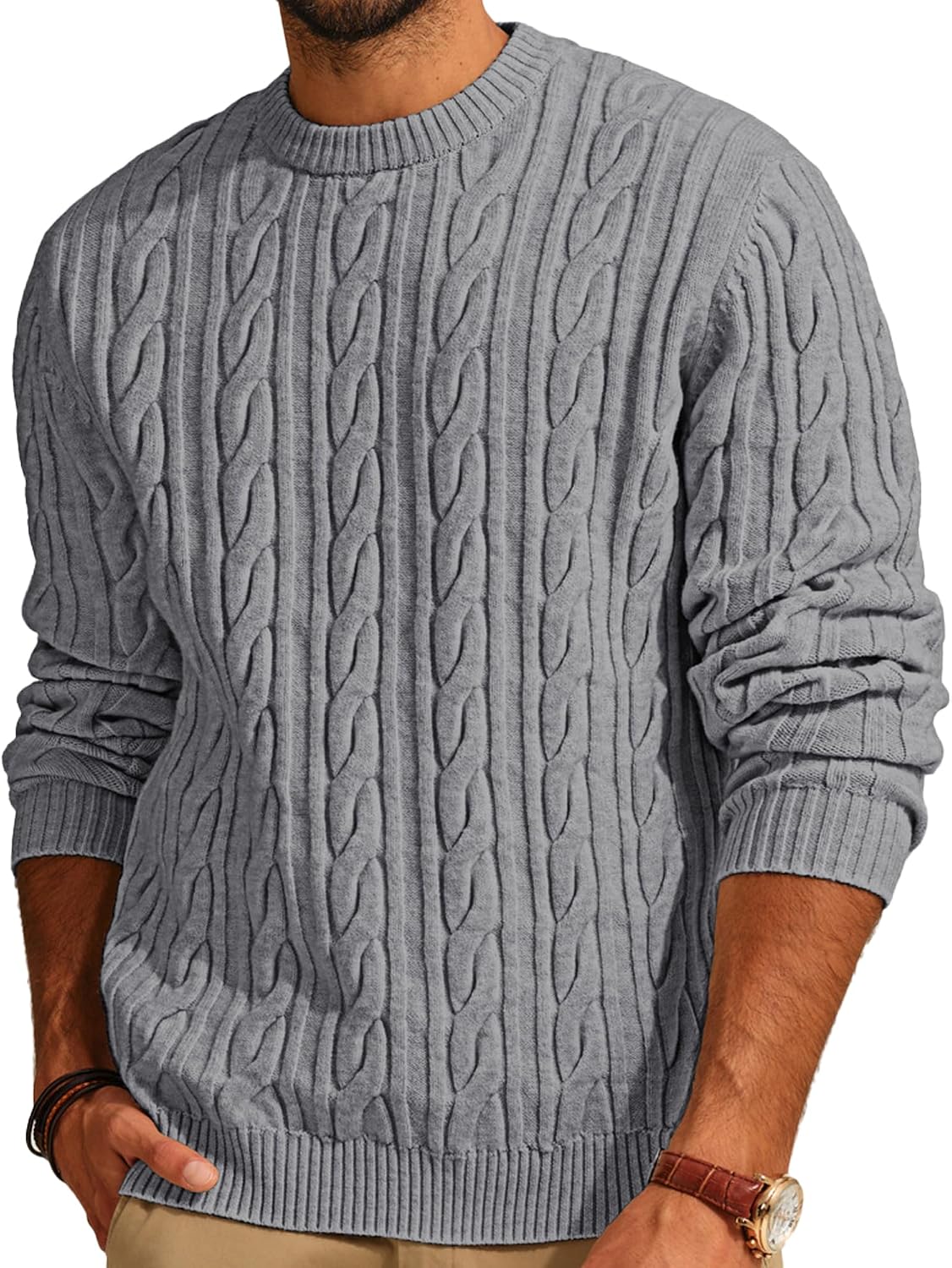 Men's Cable Knit Crewneck Sweater - Twist Textured Regular Fit Pullover in Solid Color for Business Casual Days - Medium