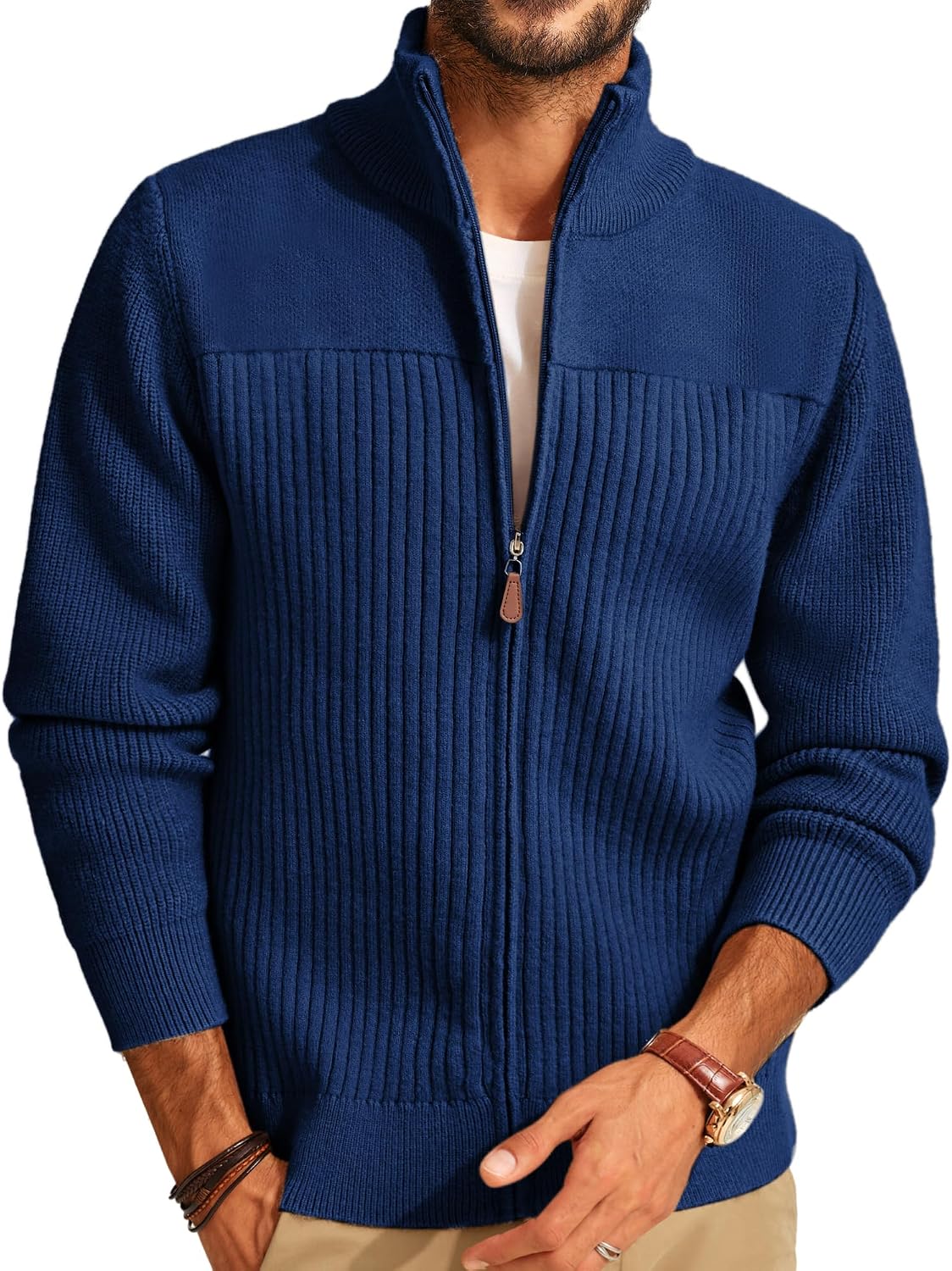 Men's Heavyweight Ribbed Knit Full Zip Cardigan - Stand Collar Regular Fit for Cold Mornings and Camp Trips - Small
