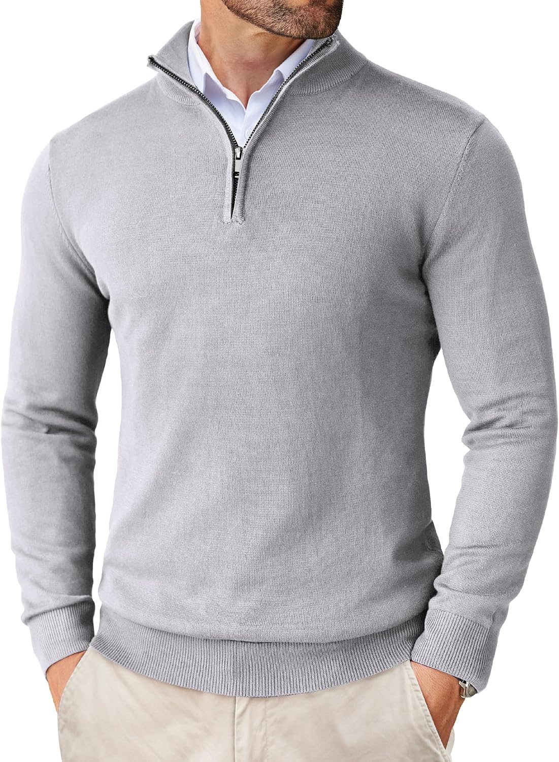 Men's Lightweight Knit Quarter Zip Pullover - Slim Fit Mock Neck with Metal Zipper Pull for Fall Office Days - Large