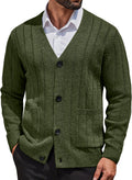Men's Cable Knit V Neck Cardigan - Button Up Ribbed Sweater with Front Pockets for Everyday Winter Layering - Medium