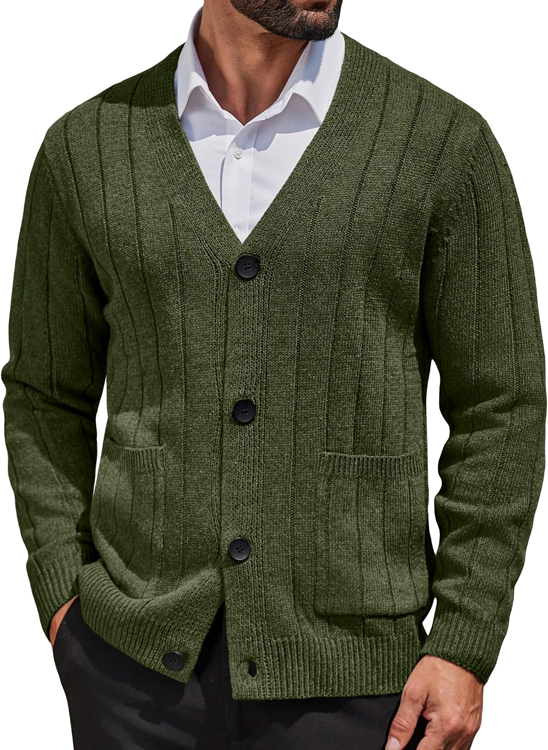 Men's Cable Knit V Neck Cardigan - Button Up Ribbed Sweater with Front Pockets for Everyday Winter Layering - Medium