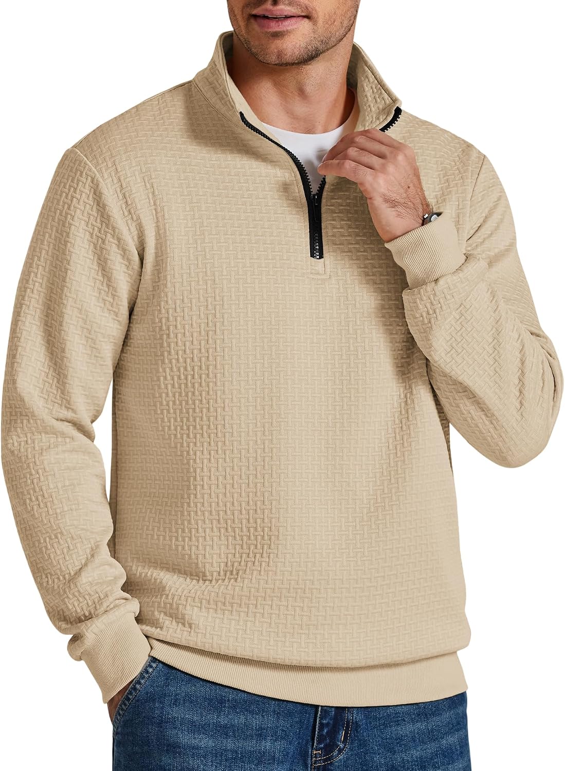 Men's Grid Textured Quarter Zip Sweatshirt - Mock Neck with Contrast Zipper and Relaxed Fit for Fall Days - Small