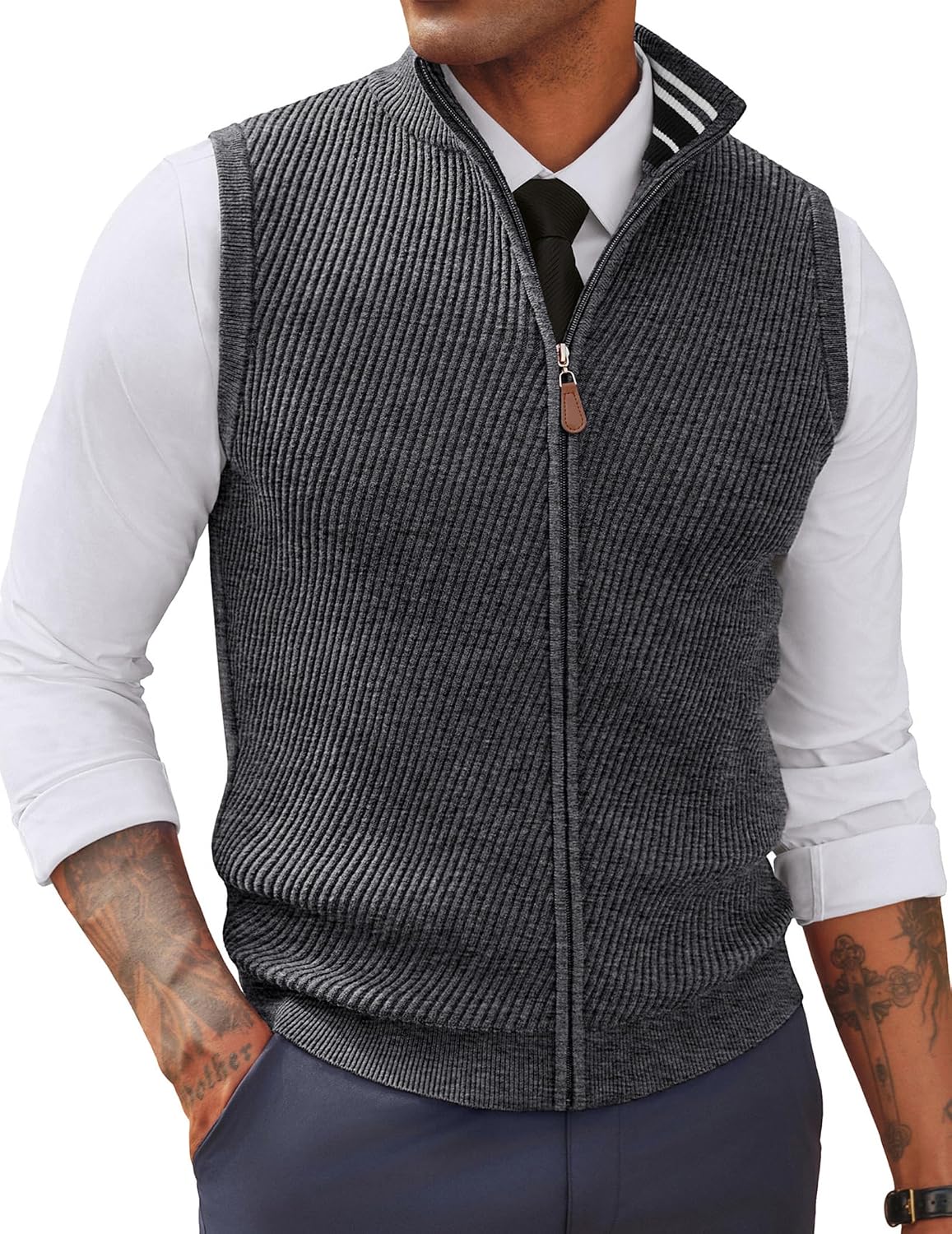 Men's Full Zip Sweater Vest - Mock Neck Twill Knit Sleeveless Layer in a Regular Fit for Fall and Winter - Medium