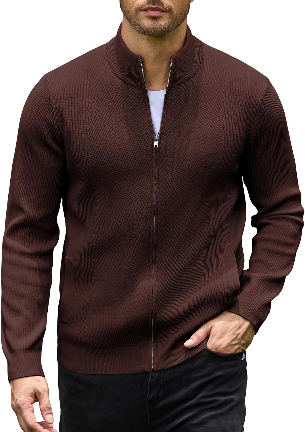 Men's Textured Knit Zip Up Cardigan in Brown