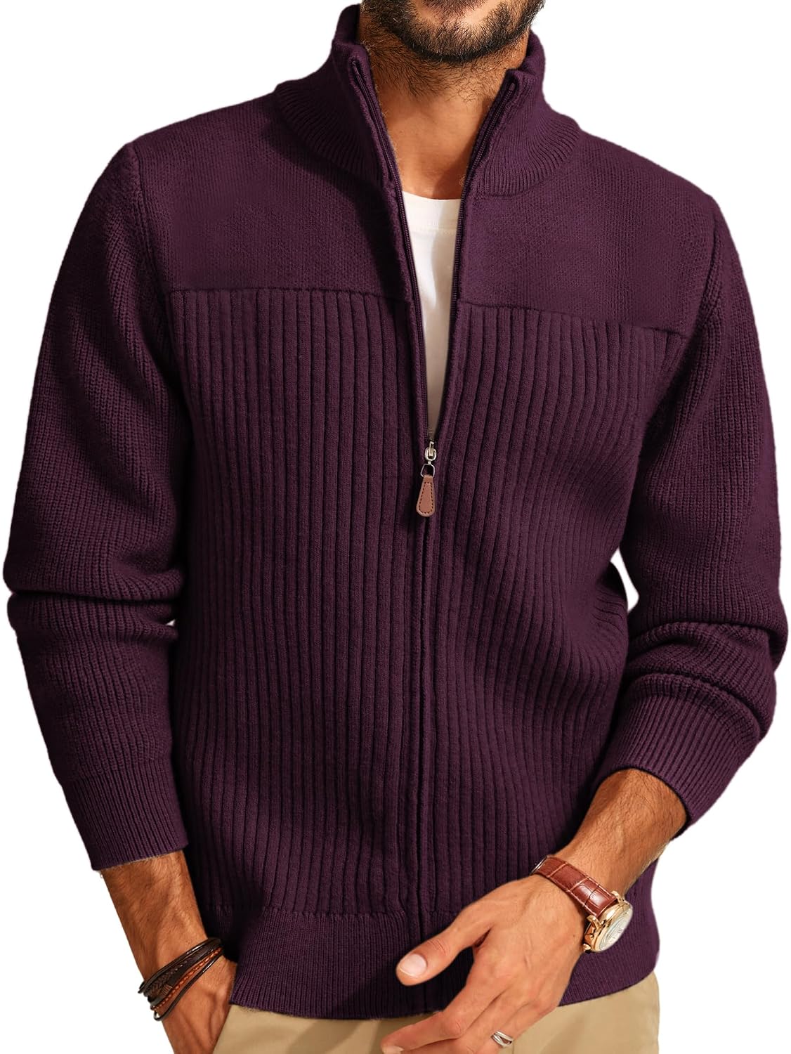 Men's Heavyweight Ribbed Knit Full Zip Cardigan - Stand Collar Regular Fit for Cold Mornings and Camp Trips - Medium