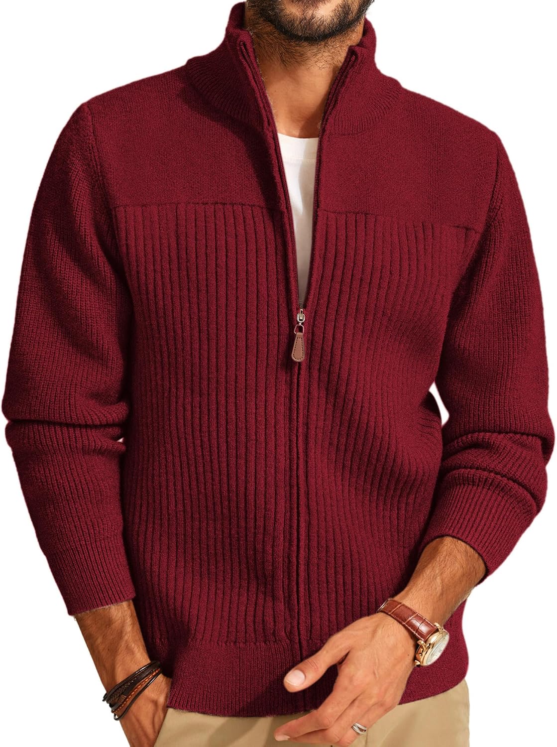 Men's Heavyweight Ribbed Knit Full Zip Cardigan - Stand Collar Regular Fit for Cold Mornings and Camp Trips - Small