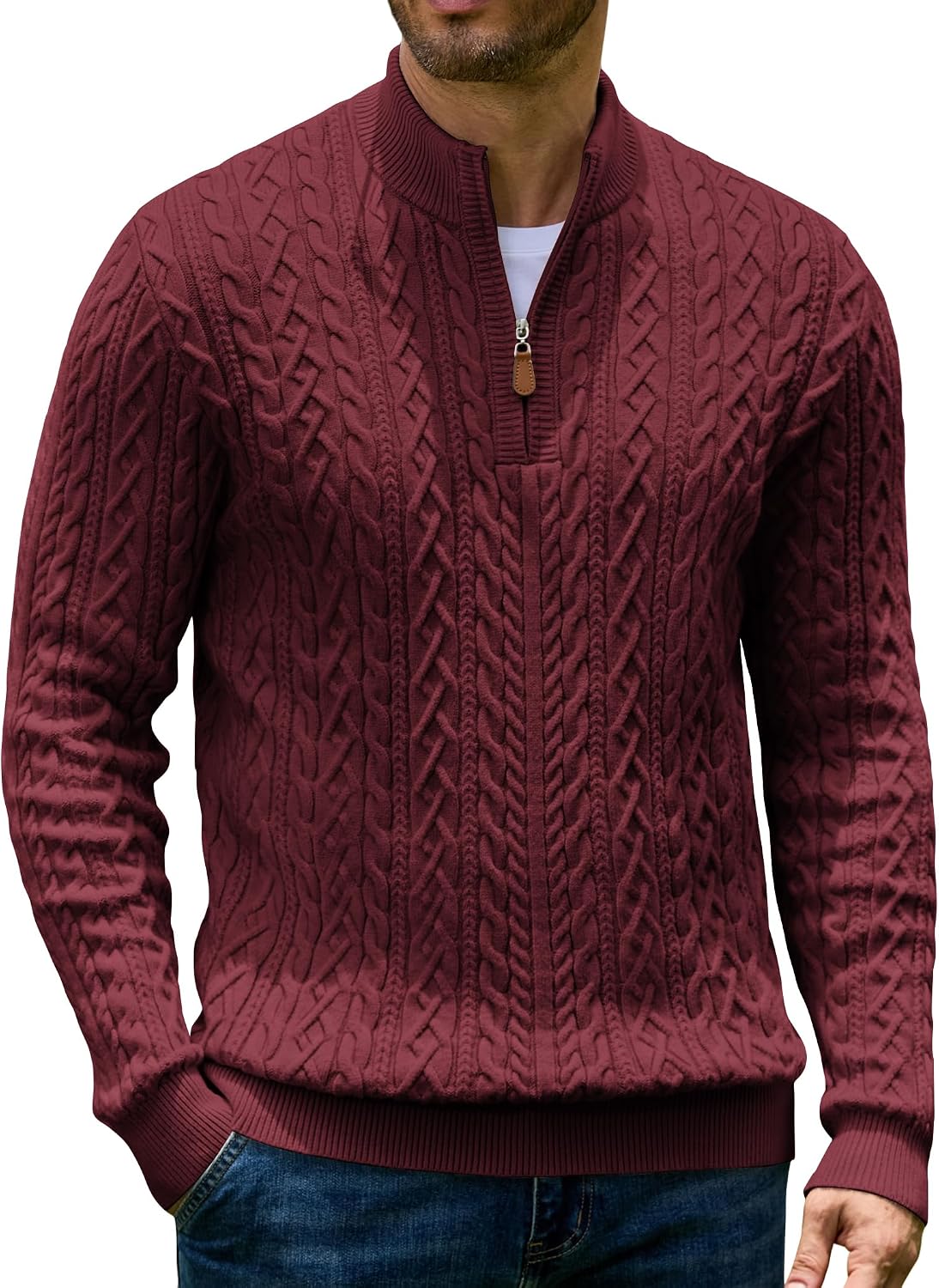 Men's Cable Knit Quarter Zip Sweater - Twist Textured Mock Neck in Heavyweight Stretch Knit for Cold Days - Small