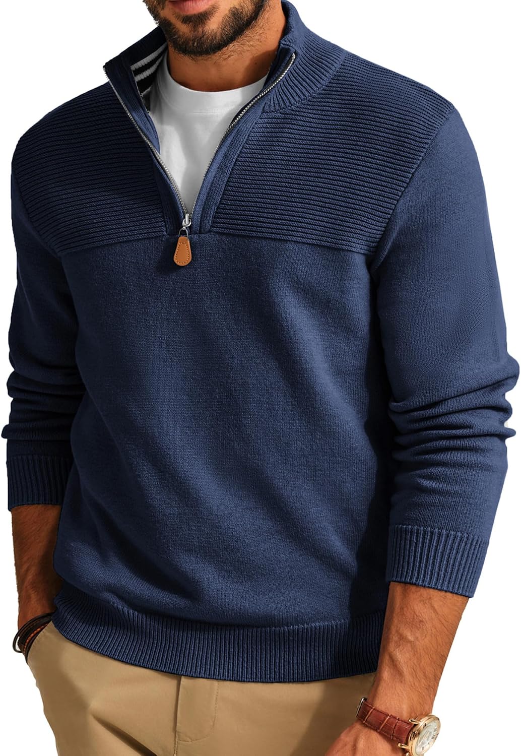 Men's Knit Textured Quarter Zip Pullover - Mock Neck Slim Fit Sweater with Soft Warm Feel for Casual Workdays - Small