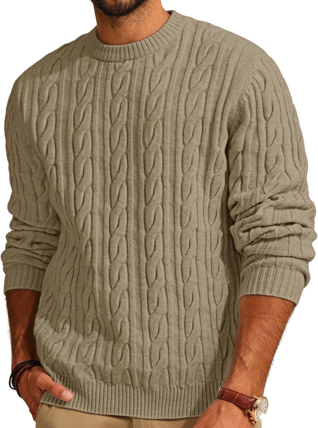 Men's Cable Knit Crewneck Sweater - Twist Textured Regular Fit Pullover in Solid Color for Business Casual Days - Medium