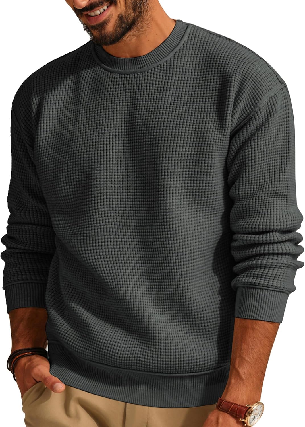 Men's Waffle Knit Crewneck Sweater - Lightweight Textured Pullover for Casual Daily Wear in Fall and Winter - Medium