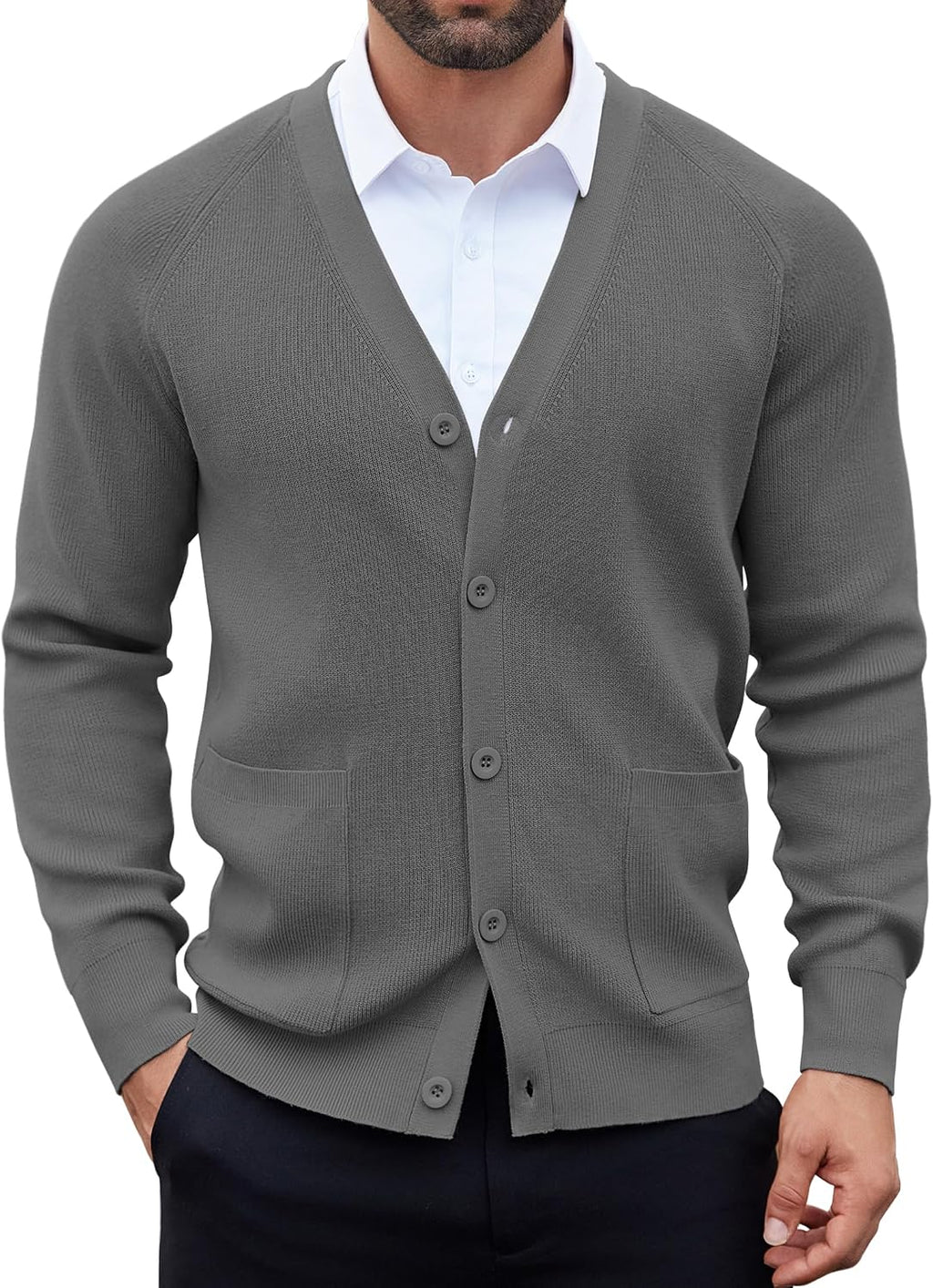 Men's Lightweight V Neck Button Cardigan - Long Sleeve Knit with Front Pockets for Weekends and Office Days - Black (12)