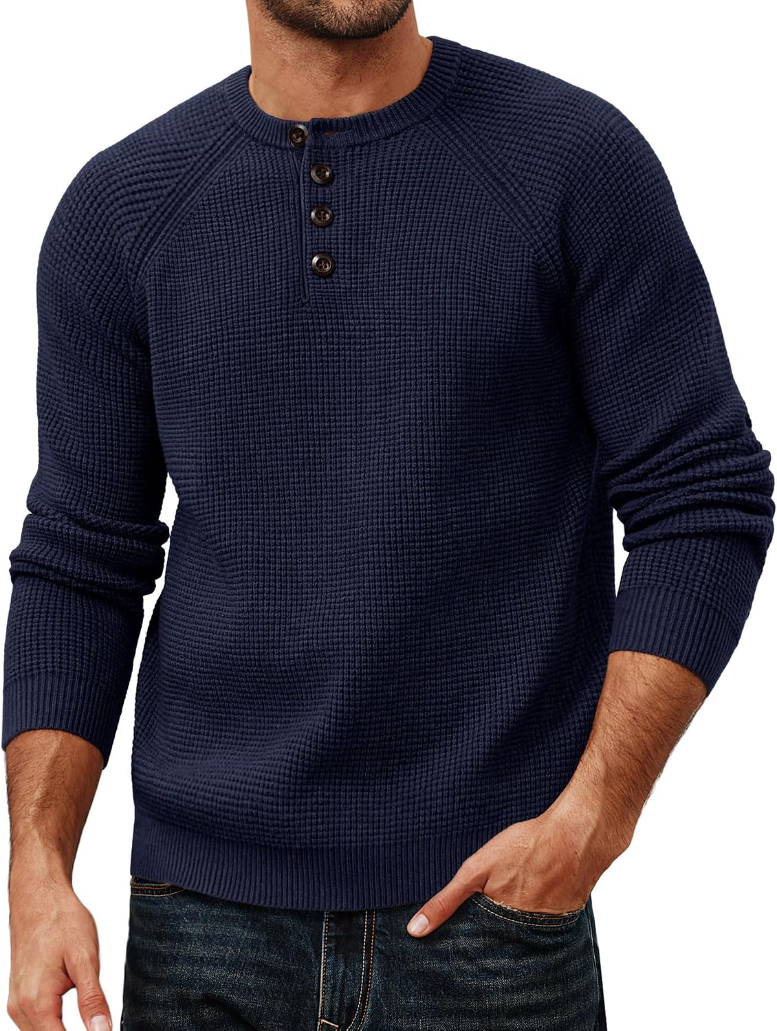Men's Waffle Knit Henley Sweater in Navy Blue