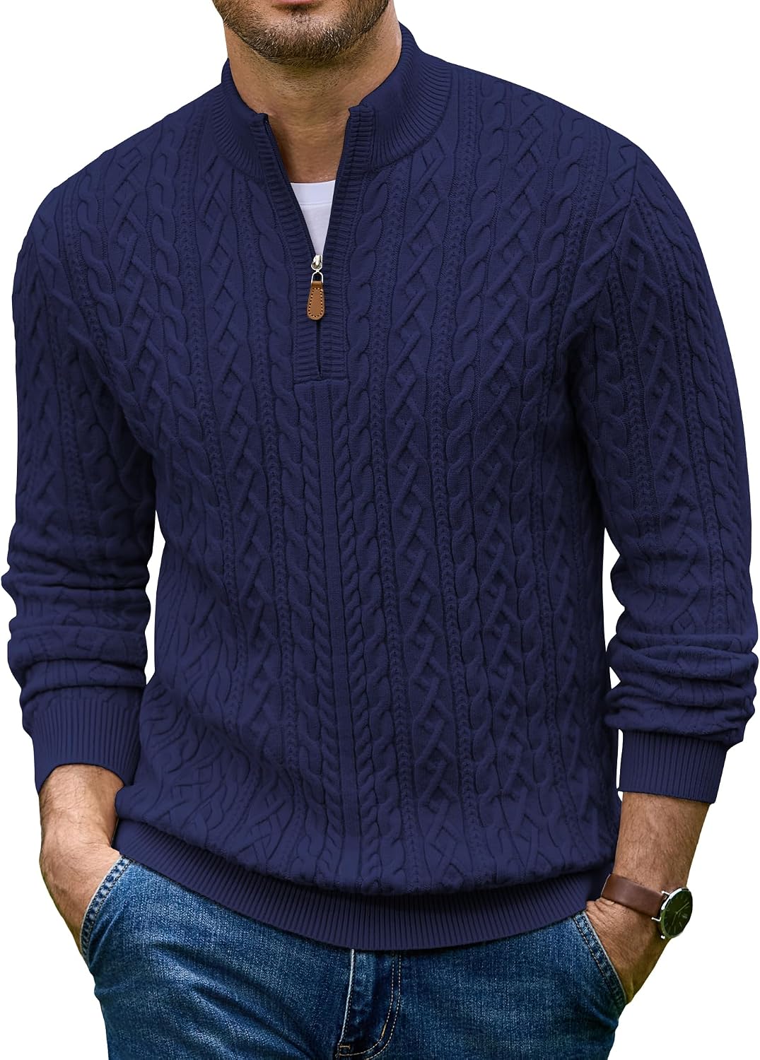 Men's Cable Knit Quarter Zip Sweater - Twist Textured Mock Neck in Heavyweight Stretch Knit for Cold Days - Small