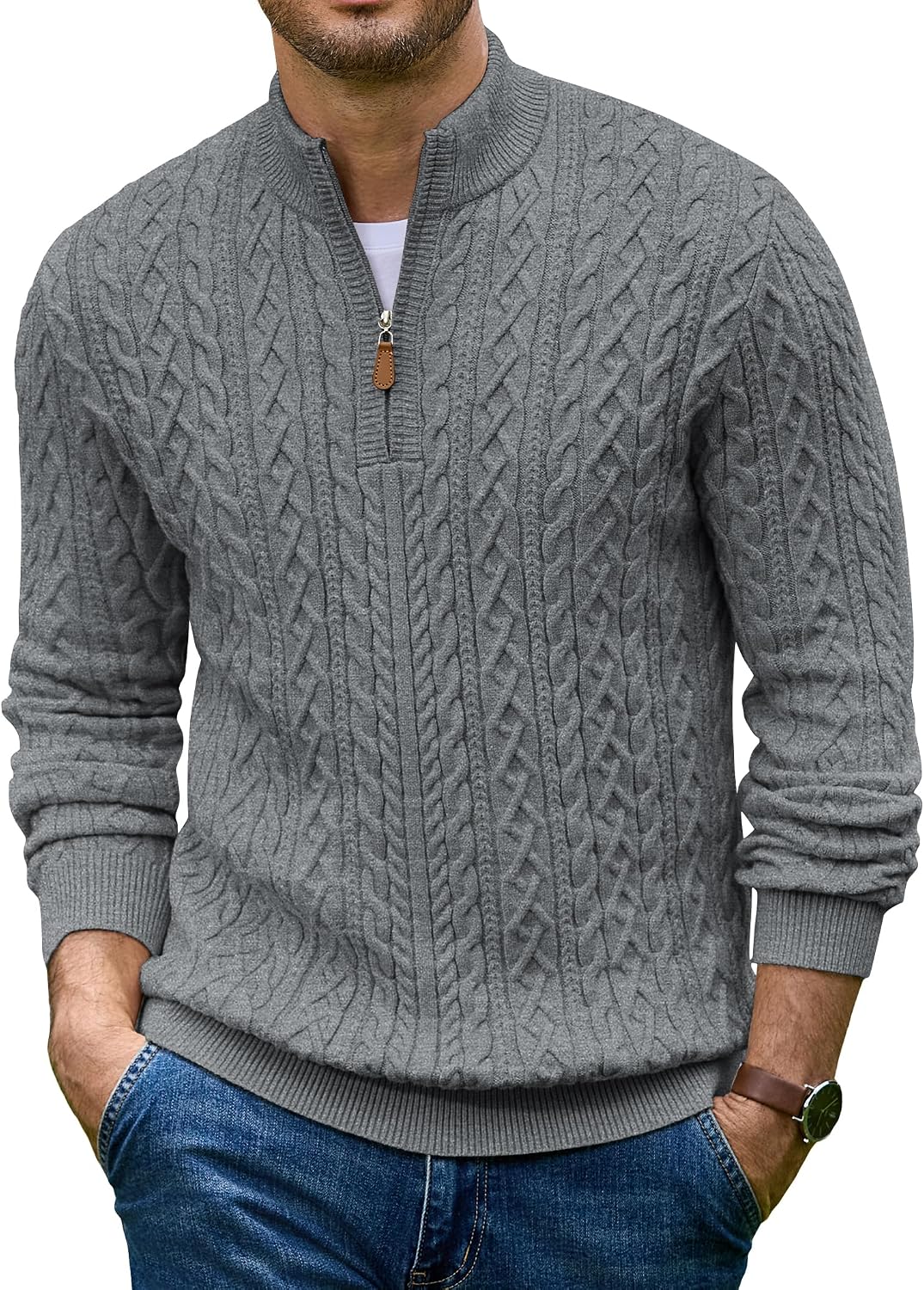 Men's Cable Knit Quarter Zip Sweater - Twist Textured Mock Neck in Heavyweight Stretch Knit for Cold Days - Small